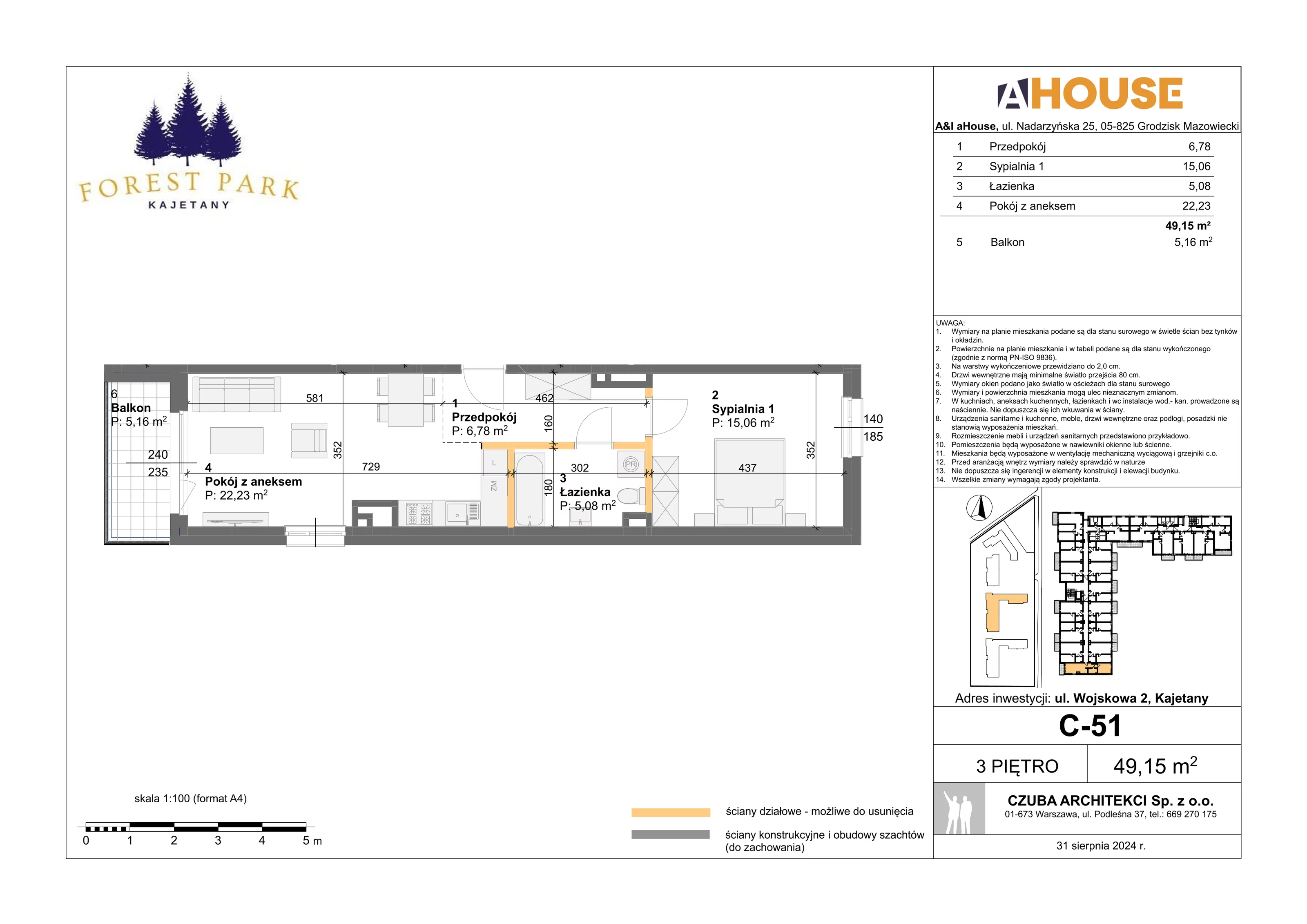 2 pokoje, mieszkanie 49,15 m², piętro 3, oferta nr C-51, Forest Park Kajetany, Kajetany, ul. Wojskowa 2